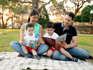 family reading children's books