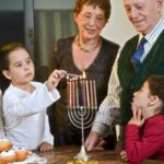 Multigenerational Family Lighting a Menorah