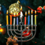 menorah with Christmas tree in the background