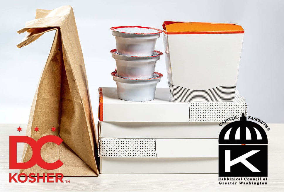takeout boxes with kosher logos superimposed