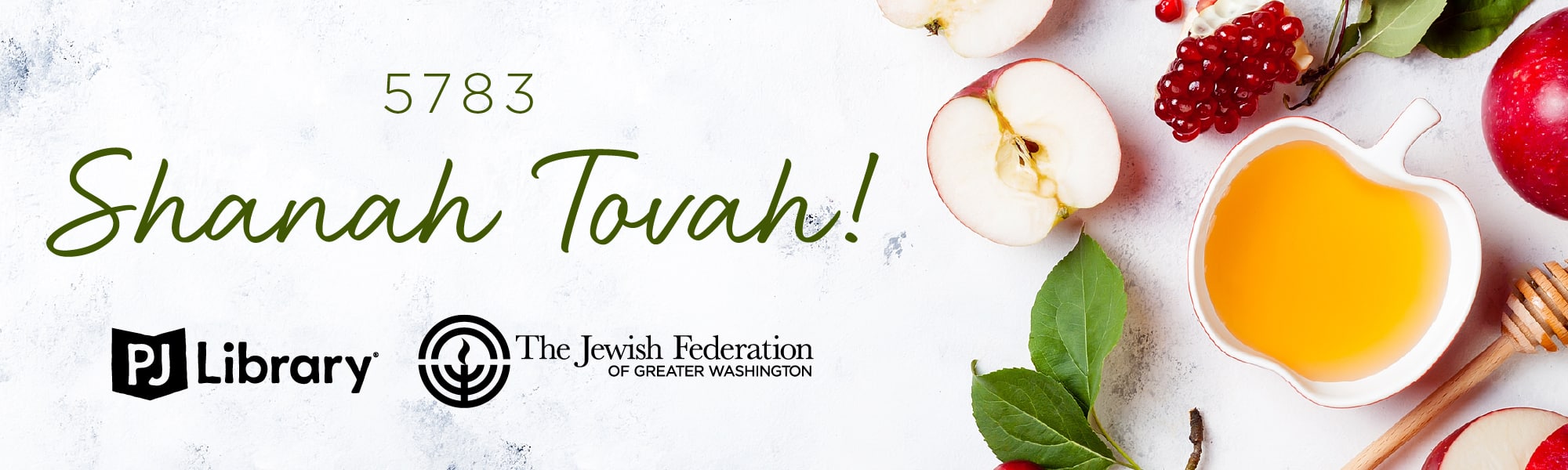 Rosh Hashanah graphic with symbolic foods and PJ and Federation logos