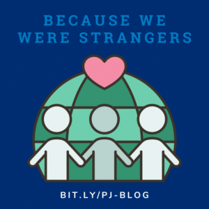 Because We Were Strangers graphic with three people holding hands under a heart