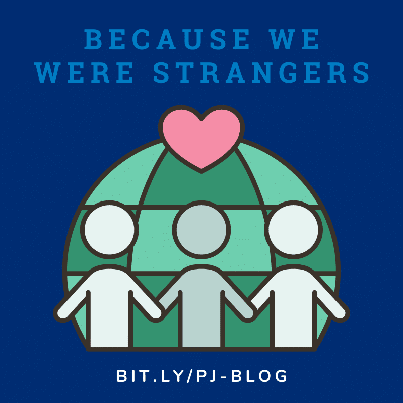 Because We Were Strangers graphic with three people holding hands under a heart