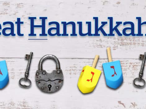 Great Hanukkah Escape graphic with title and pictures of dreidels and locks