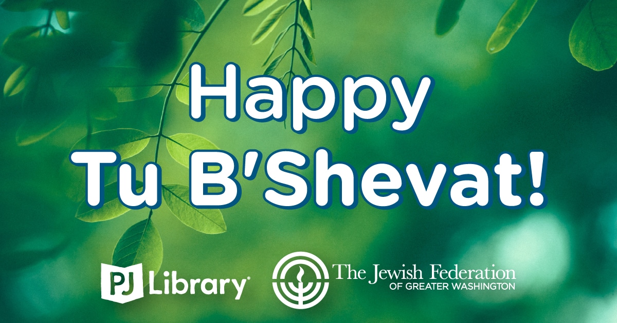 Happy Tu B'Shevat greeting with tree background and PJ and Federation logos