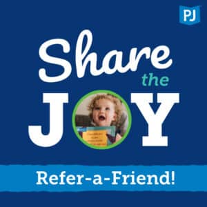 Share the Joy Refer-a-Friend graphic with a picture of a toddler holding a book.