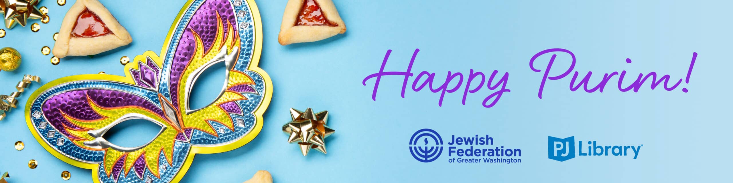 Purim Web Banner with mask and Federation and PJ logos